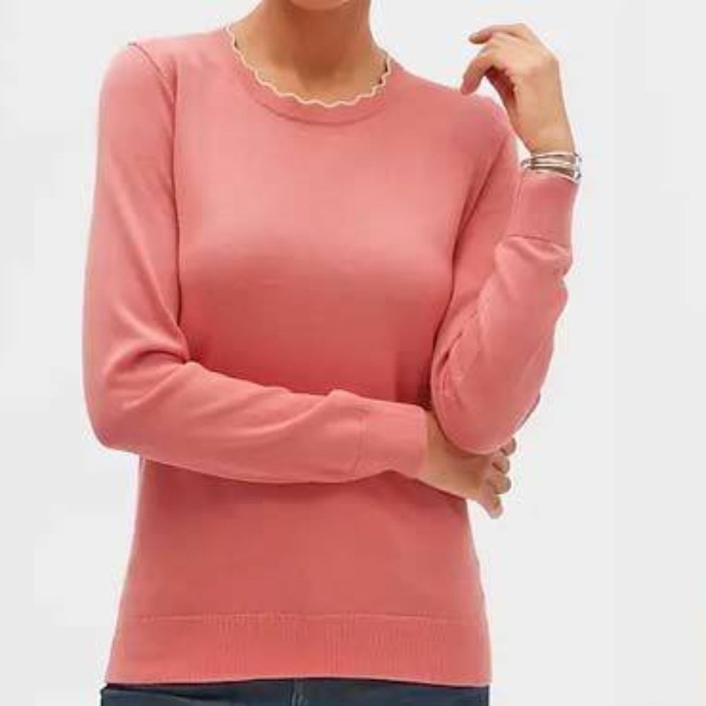 Banana Republic Washable Forever Scallop Crew Sweater- Coral Pink- NWT- Size L